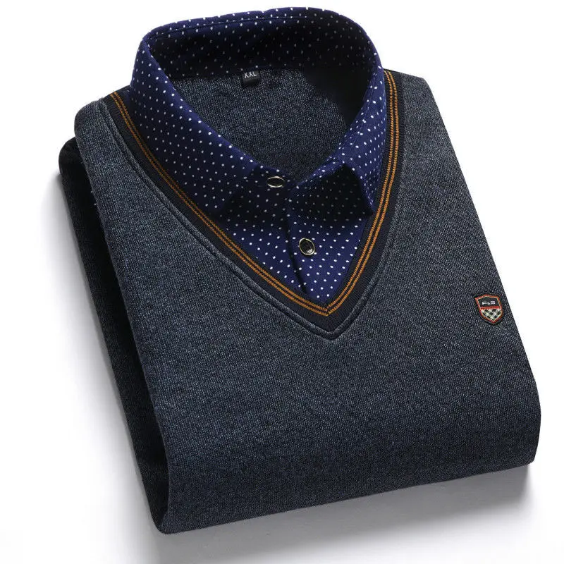 SHiONFA Herbst Winter Herren Langarm Pullover Shirts Gefälschte Zwei Stücke Pullover Fleece Dickes Hemd Gestrickte Casual Kleidung 4XL – Detail 11