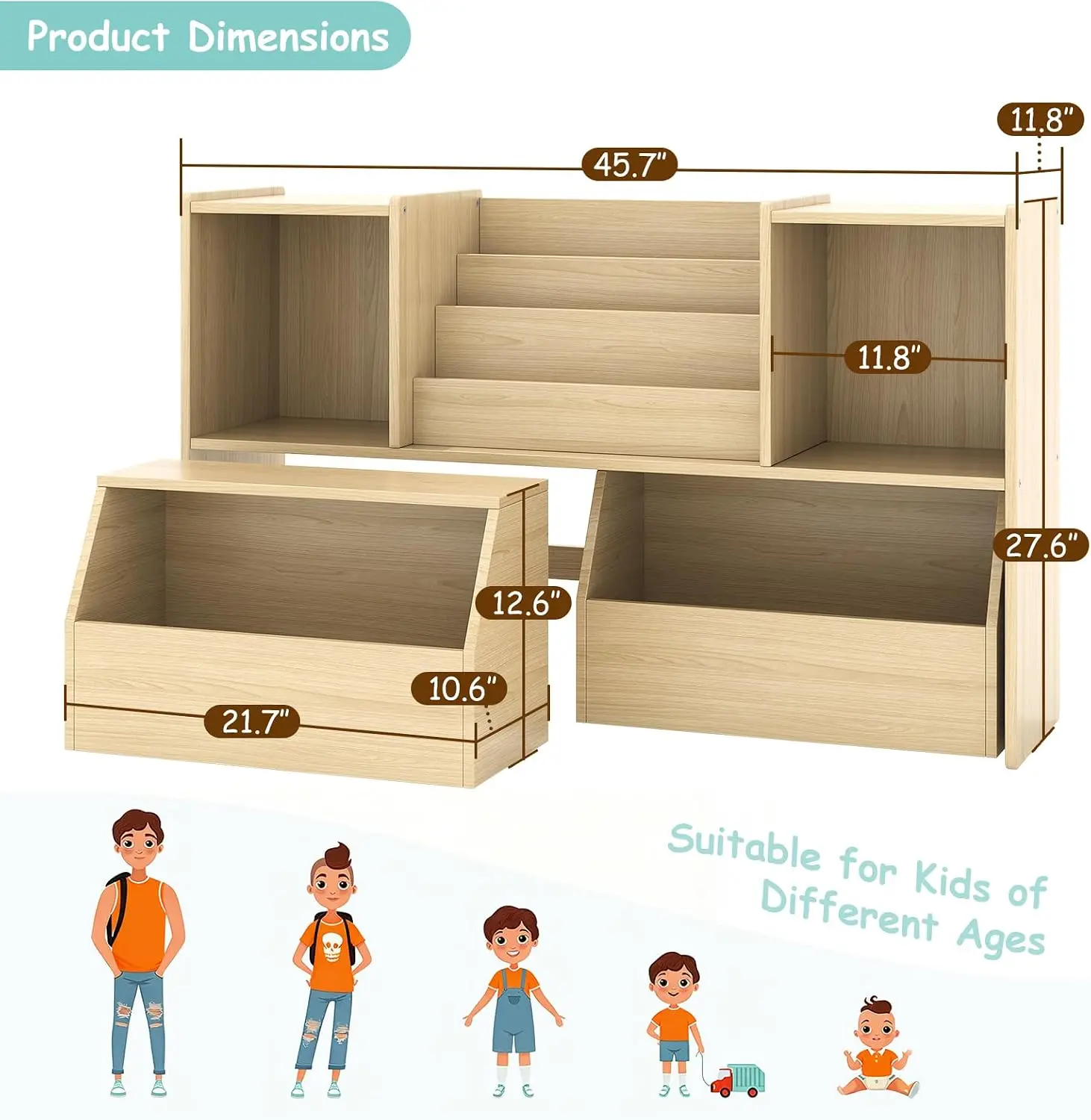 Solid Wood Kids Bookshelf Toy Storage Organizer 3 In 1 Montessori Bookcase Storage Cubbies 2 Rolling Toy Bins Toddler Bookshelf