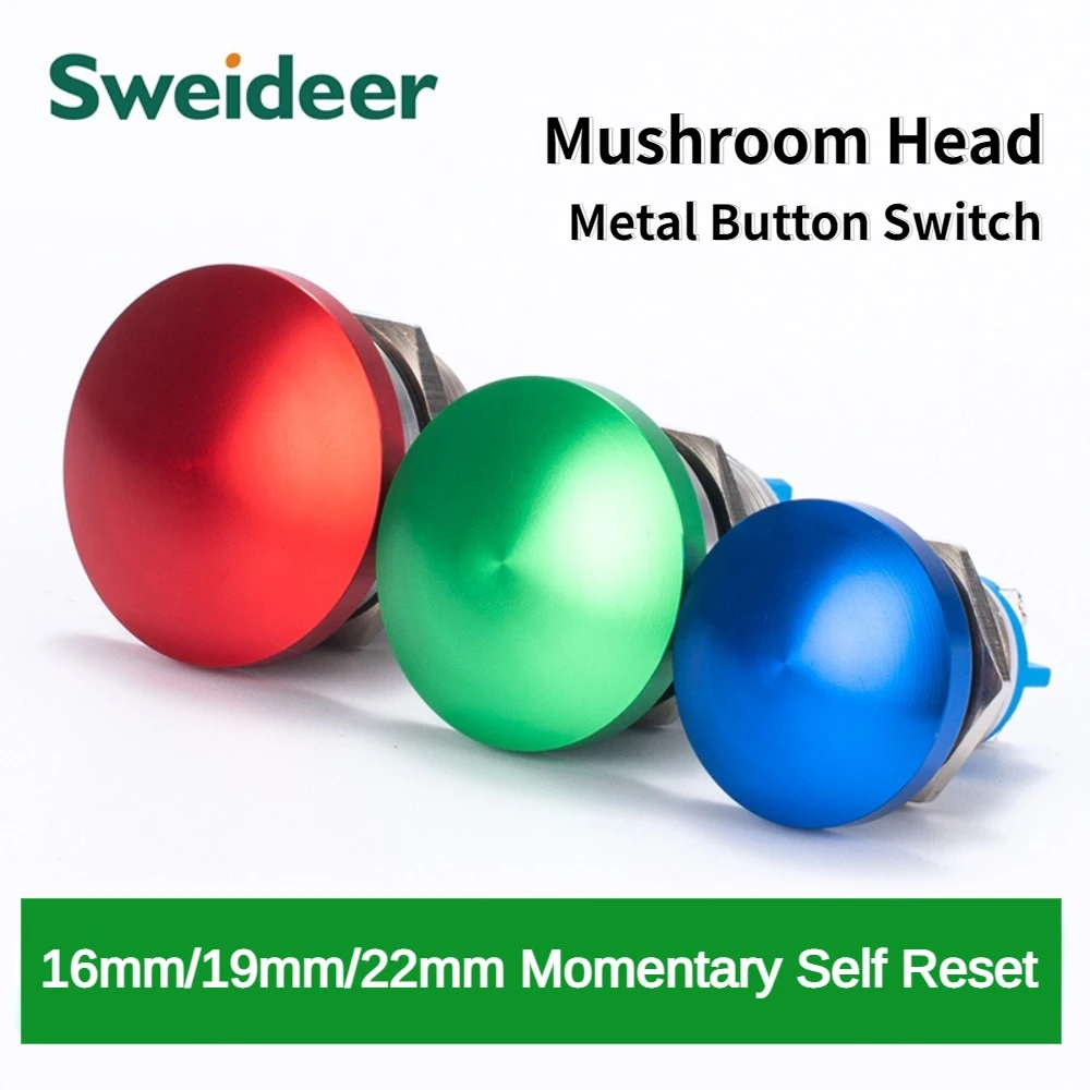 Metal Button Switch Waterproof 16/19/22mm Momentary Self Reset Screw Foot Red Green Blue Mushroom Head Power Switch