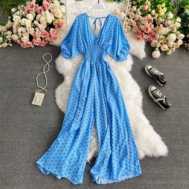 

Women Chiffon Polka Dots Jumpsuits Summer Sexy V-neck Short Sleeve Elegant Wide Leg Long Pants Playsuits Ladies Romper Overall