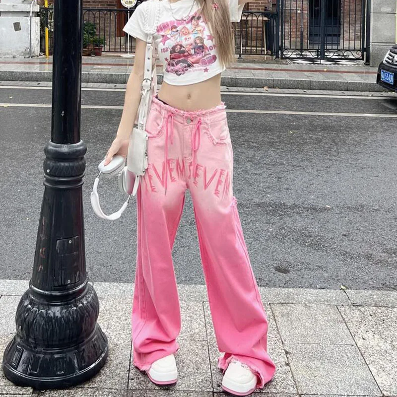 Women's Denim Pants Fashion Letter Pink Gradient Straight Pants for Women Loose Wide Leg Pants Women's Jeans Female Y2K Clothing
