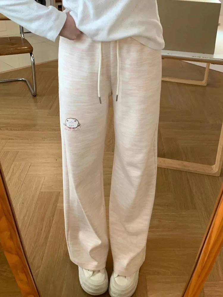 Fall Sweet Pink Wide Leg Pants Women Cute Loose Cartoon Embroidery Fashion Trousers Female High Waist Preppy Style Causal Pant
