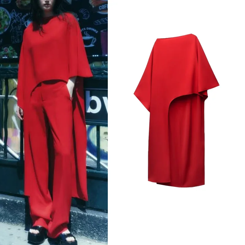 

Spring New Women's Commute Casual Loose Red Asymmetrical Design Cowl Neck Long Shirt Polyester Fiber Short Sleeve round Collar