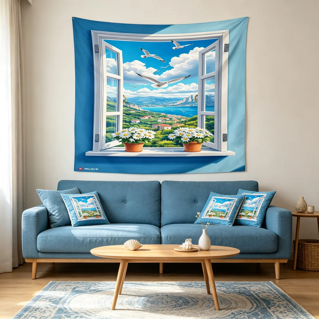 1PC Blue Window Sea Daisy Art Print Backdrop Banner, Bedroom Living Room Photo Background, Polyester, Home Decor, Wall Art