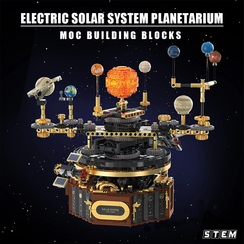 2025 Science Earth and Sun Rotating Solar System Building Blocks with Motor Set Experiment Educational Bricks Toys for Kids Gift