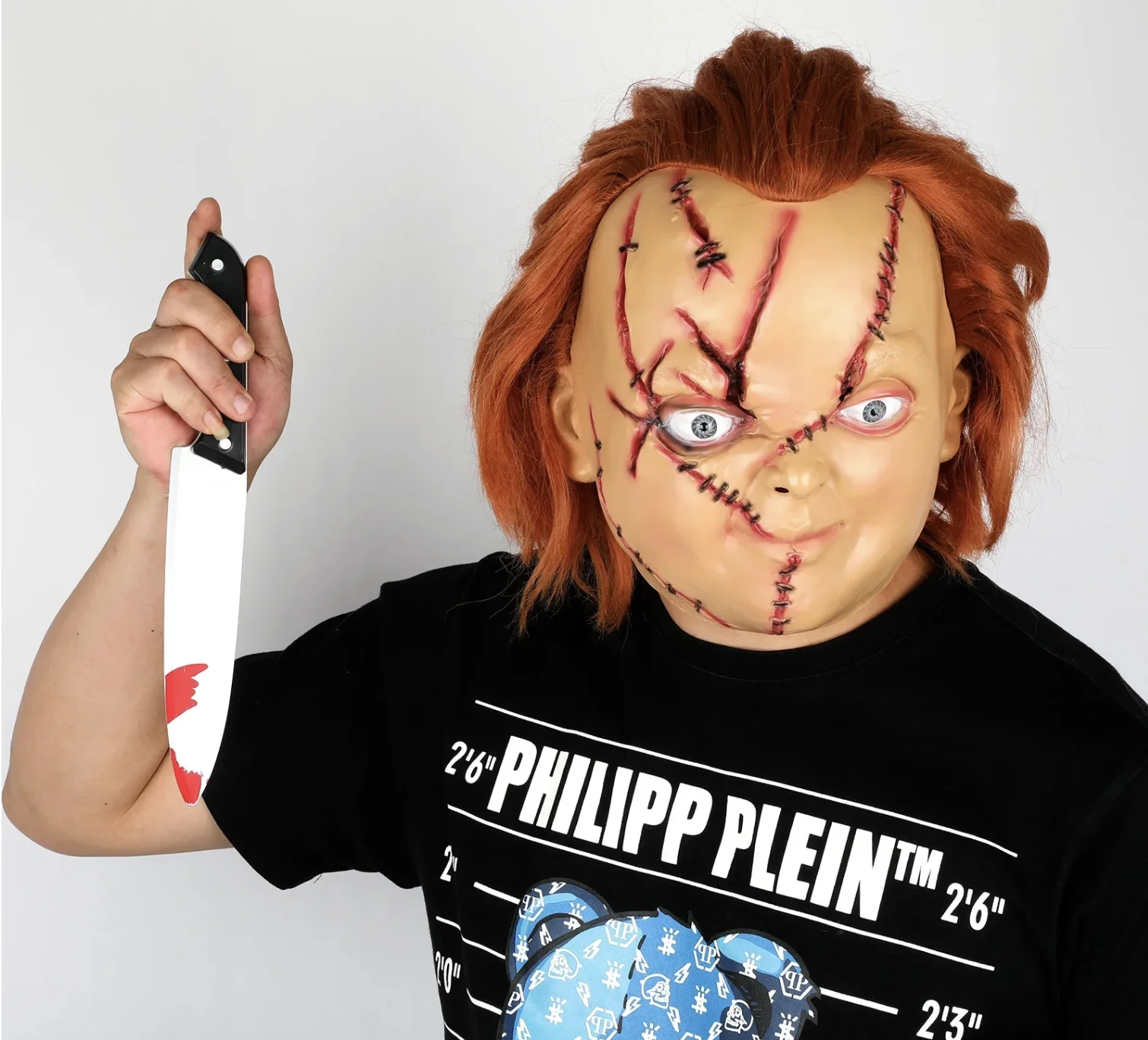 Maschera di Halloween Grande bambola Chucky Casco integrale in lattice Masquerade Spaventoso Copricapo per feste cosplay per uomini Donne Puntelli per costumi