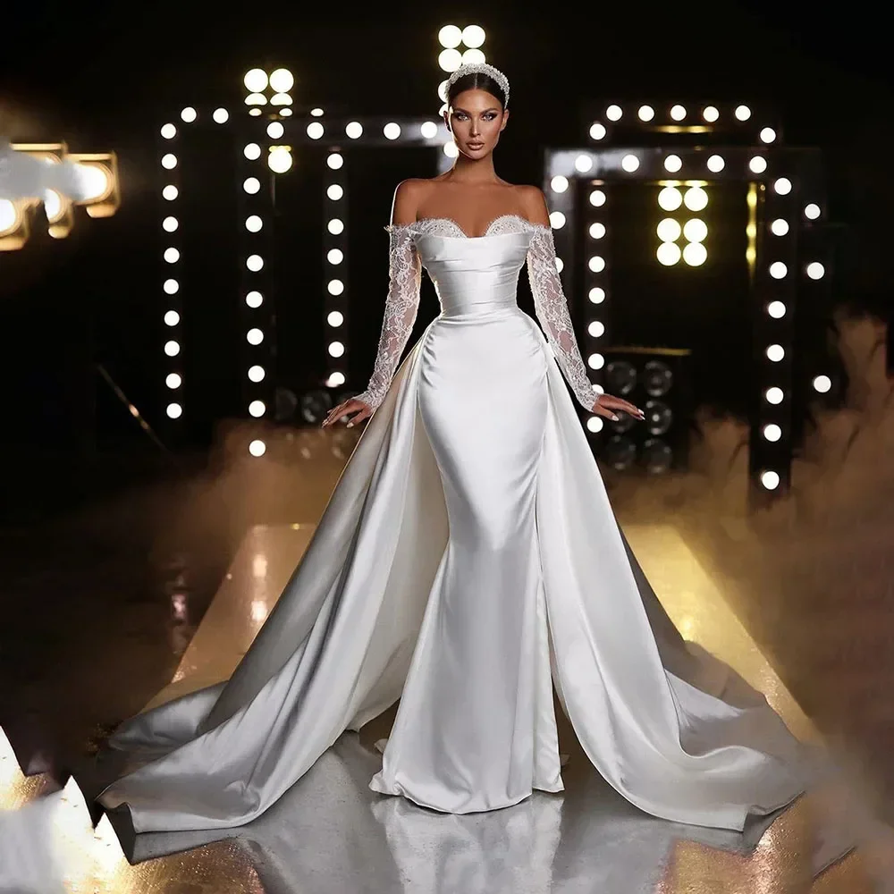 

Customized Satin Mermaid Wedding Dress Detachable Skirt Pleats Off Shoulder Sleeves Bridal Gowns High Quality Dresses