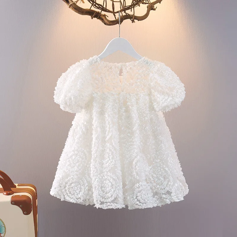 2024 Baby Girl Fashion Dresses Children\'s Puff Short Sleeve Clothing  Summer Solid Hollow Out Feather Lace Princess DressKorean