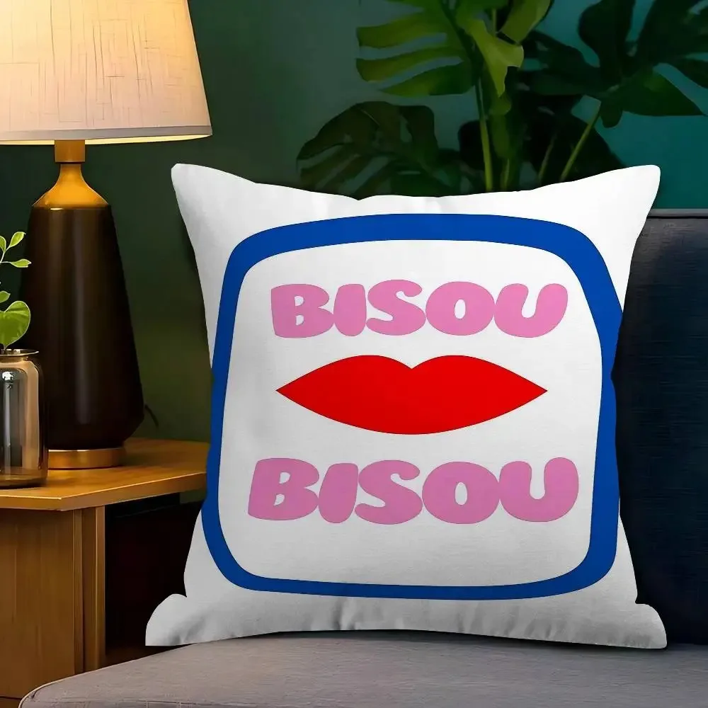 French Bisou Red Lips Double-Sided Pillow Cover, 1pc Modern Graphic Decorative Cushion Case for Sofa, Bed and Headboard Decor