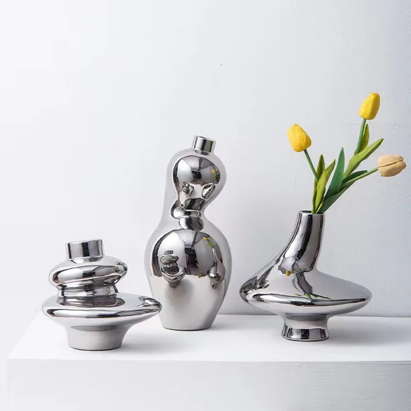 Nordic Plating Silver Vase Dried Flower Ornaments Electroplated Ceramic Vase Model Vases Living Room Home Decoration Gift
