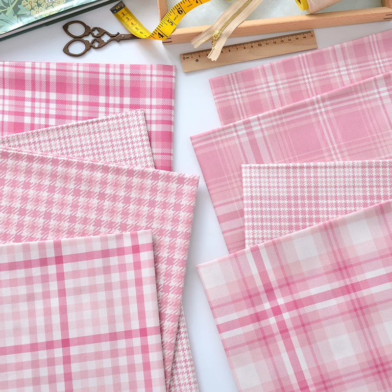 Tela estampada de algodón a cuadros rosa, 145cm x 50cm, puntos de impresión Digital para coser vestidos, tela de algodón de retales por medio metro