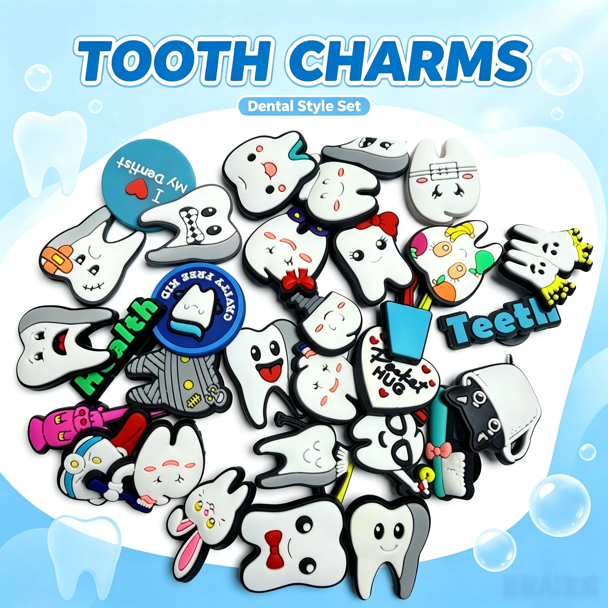 Random 10-50pcs Tooth Cavity Free PVC Shoe Charms Accessories Clogs Bubble Slides Sandals Shoe Buckles Decorations Pins DIY Gift