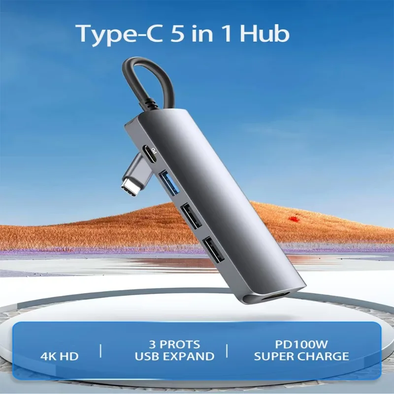 5‑in‑1 USB‑C Hub Adapter With RJ45 Ethernet Port For Laptop Tablet Smartphone Multi‑Port Docking Station