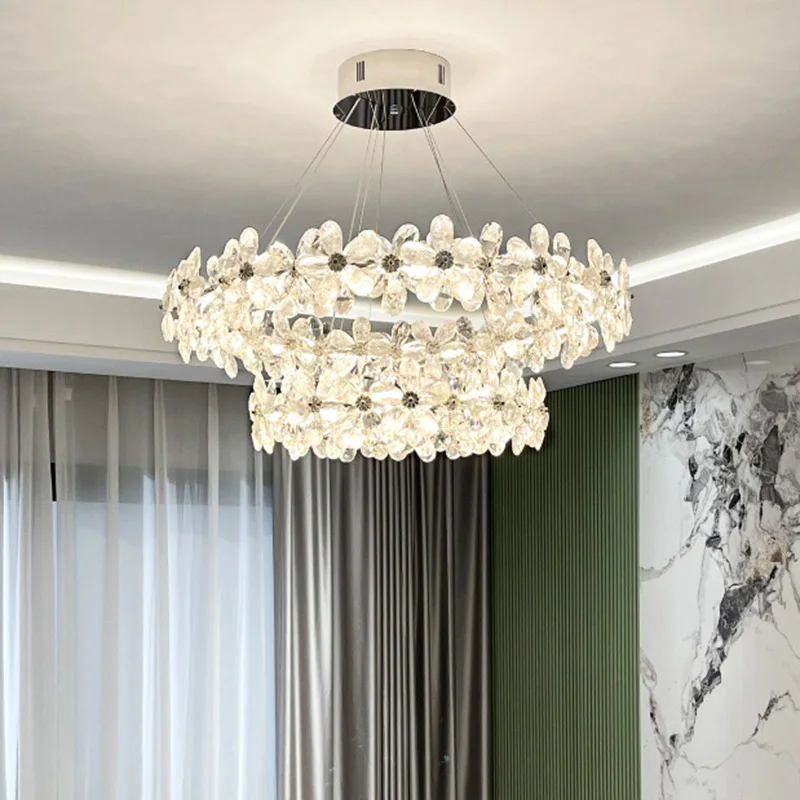 Luxury French Crystal LED Chandelier Floral Design Pendant Lights for Living Dining Room Bedroom Home Decor Lighting Fixture