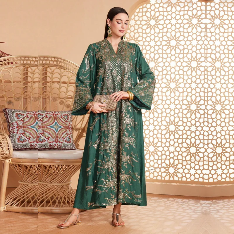 

Middle East Dubai Dress Robe, Muslim Dress Ethnic Style Embroidered Sequins Fashion Dress Simple Temperament Elegant Holiday Sty