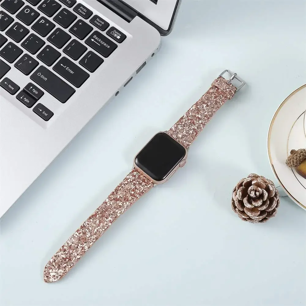 Shiny Strap for Apple Watch band 44mm 38 40mm 42mm 41mm 45mm Glitter Leather WatchBand IWatch Series 8 7 6 5 4 3 SE Ultra 2 49mm