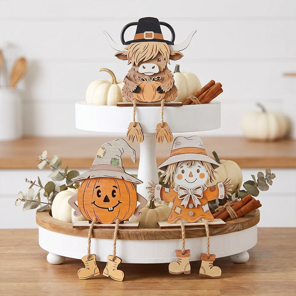 Fall Wooden Shelf Sitters with Dangling Legs, Pumpkin Scarecrow Highland Cow Table Decor for Thanksgiving Halloween Home