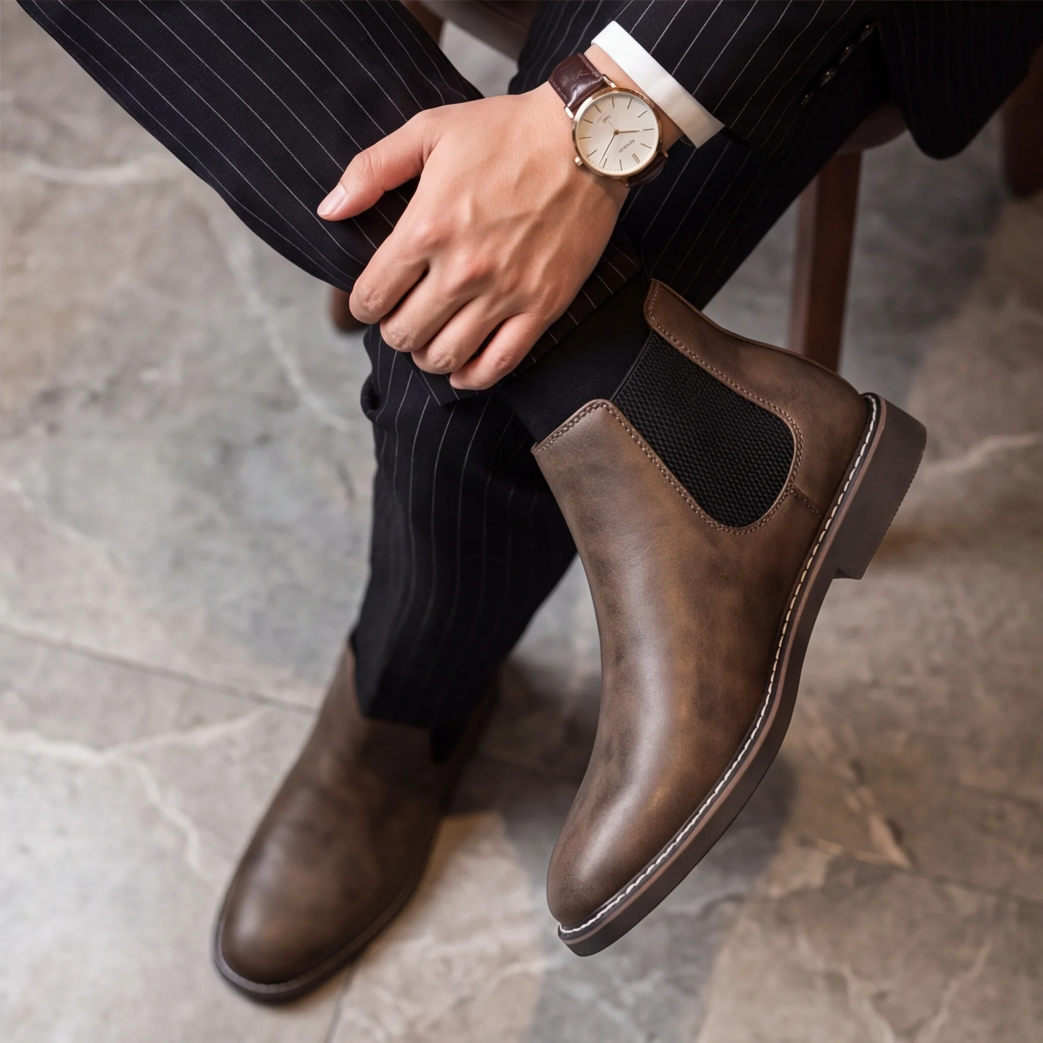 Chelsea Boots For Man Low Stacked Heel With Treaded Outsole Men's Boots Smart Casual Men Boots Elastic Side Panels