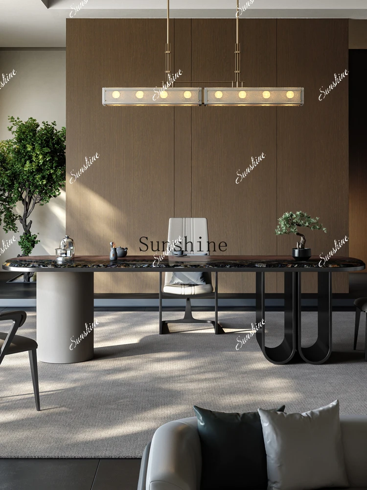 Light luxury high-end home walnut luxury stone office new Chinese living room solid wood tea table and chair combination  FT