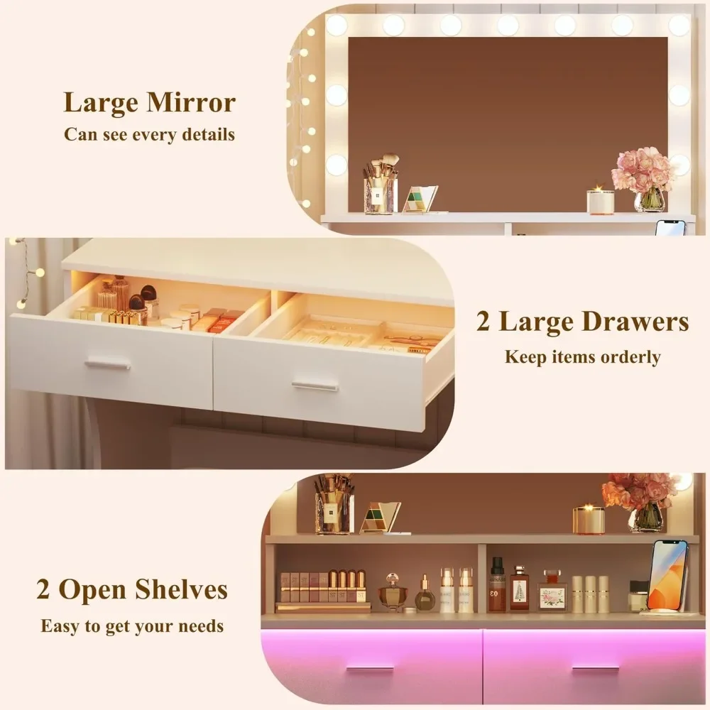 مكتب زينة مكياج مضيء مع مرآة وكرسي وإضاءة RGB، طقم طاولة زينة بيضاء مع أدراج مزدوجة ومنافذ طاقة #6