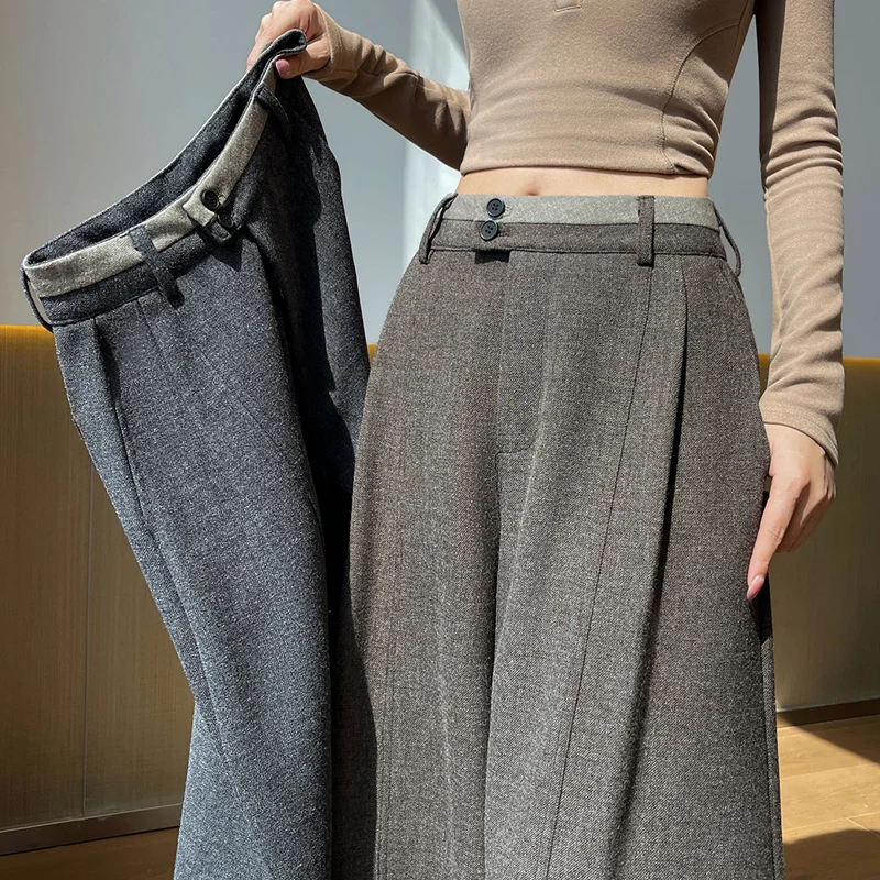 2026 High Waist Woolen Fabric Wide Leg Casual Pants for Women 2026 Autumn New Loose Wide Leg Pant Woman