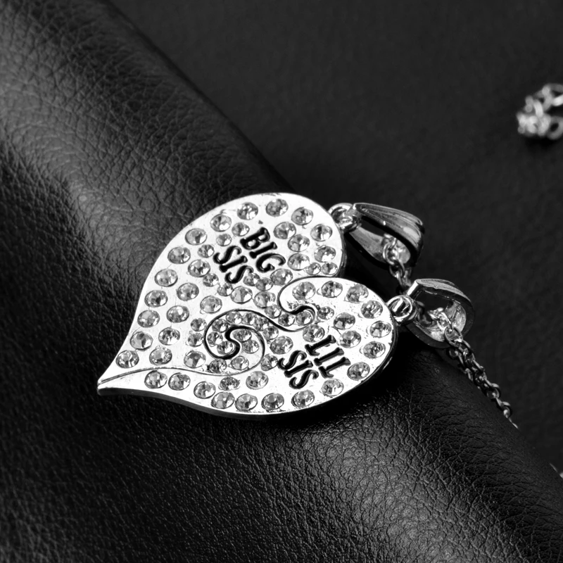 2Pcs/Set Full Crystal Big Little SIS Broken Heart Puzzle Necklace For Girls Best Sister Friends Soul Mate Family Love Gift