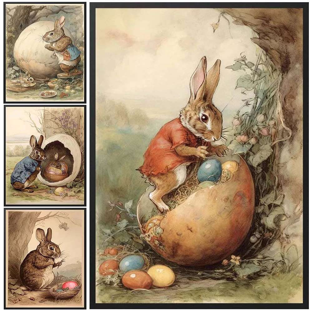 Easter Bunny Cartoon Egg Rabbit Prints Posters Wall Pictures For Living Room Nordic Poster Wall Art Canvas Painting Unframed