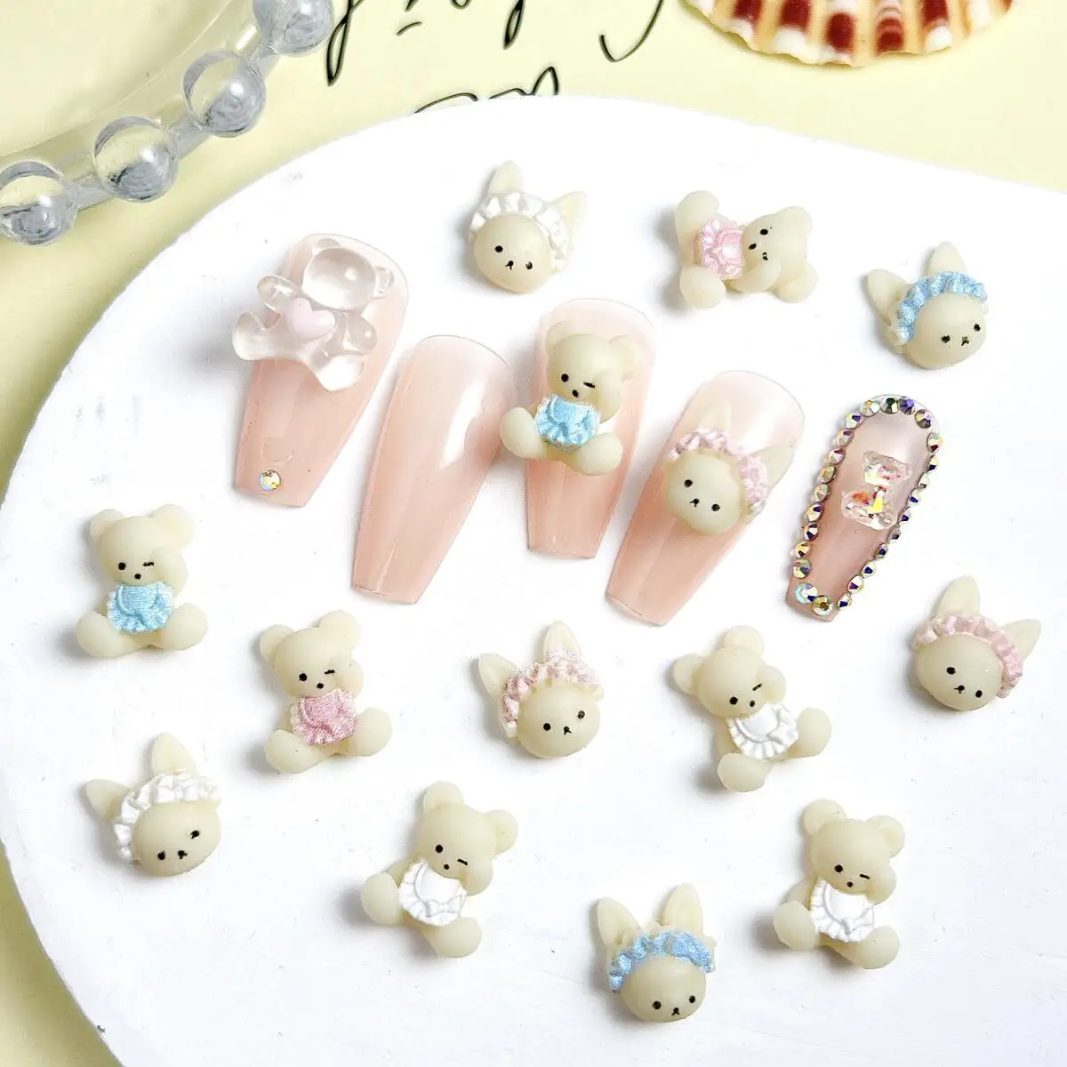 20PCS New Creative Apron Bear Resin Nail Charms Cartoon Cute Milk Yellow Rabbit Head Nail Art Decorations  DIY Hair Clip Nails