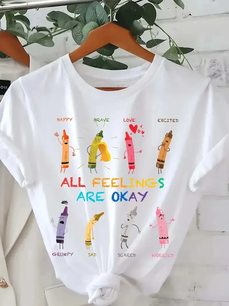 

All Feeling Are Ok Crayon Print Fashion Women Short Sleeve Casual Clothes for Summer and Spring Cute Women Clothing