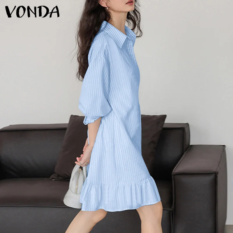 VONDA-Vestido camisero elegante con volantes para mujer, Vestido camisero de manga farol, informal, holgado, moda coreana, hasta la rodilla, para oficina, verano, 2024