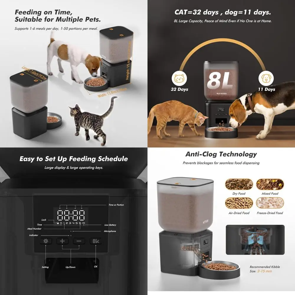 

Автоматическая кормушка для домашних животных на 8 л с ЖК-дисплеем, емкостью 34 чашки, на батарейках, с таймером на 50 приемов пищи для кошек и собак