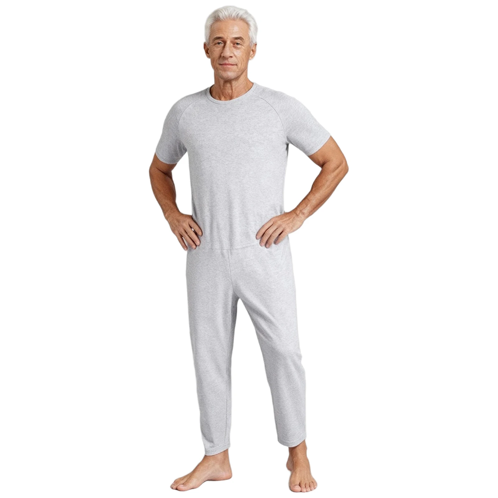 Adult Mens Adaptive Clothing Solid Color Round Neck Short Sleeve Back Zipper Jumpsuit for Dementia Elderly And Special Needs