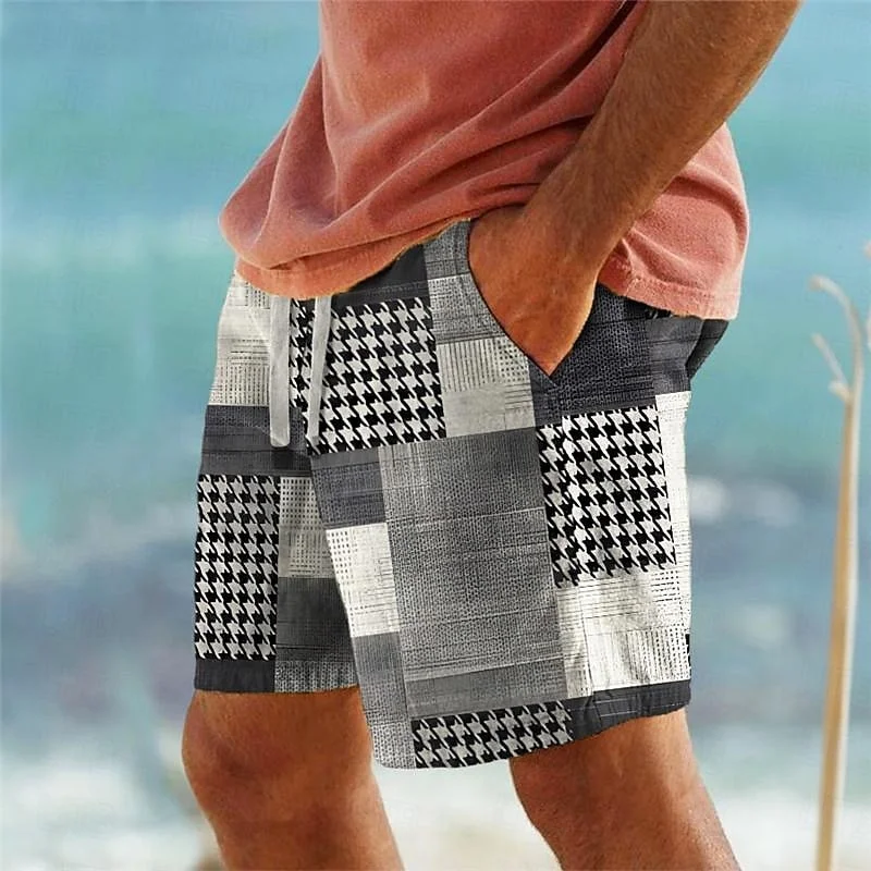 3D Printed Geometric Splicing Short Pants For Men Colorful Grid Pattern Beach Shorts Summer Casual Street Breathable Swim Trunks