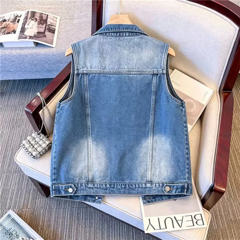 Autumn New Women Casual Short Denim Vest Lapel Single-Breasted Sleeveless Jeans Waistcoat Light Blue Dark Blue Black Veste Femme