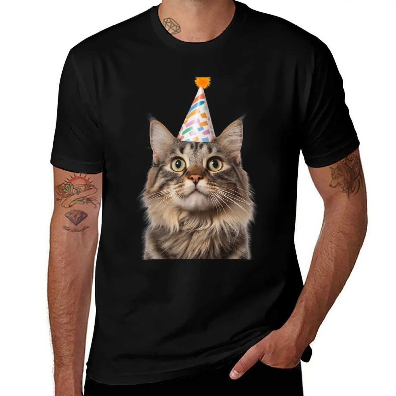 

Cute American Bobtail Cat with Party Hat Birthday Celebration T-Shirt funny costumes anime figures tees black t shirts for men