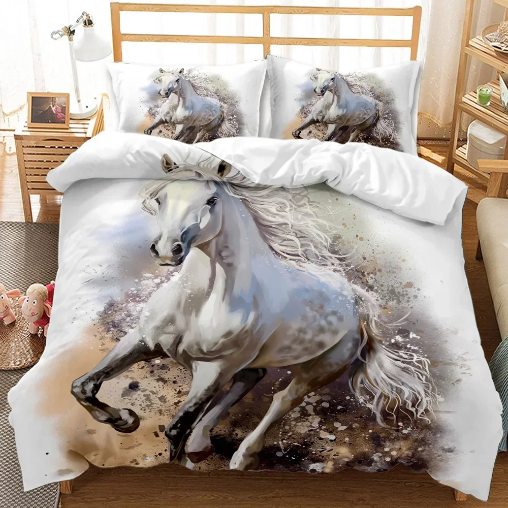 White Horse Duvet Cover Set King/Queen/Full Size Steed Print Decorative Comforter Cover Microfiber Quilt Cover Luxury Soft White