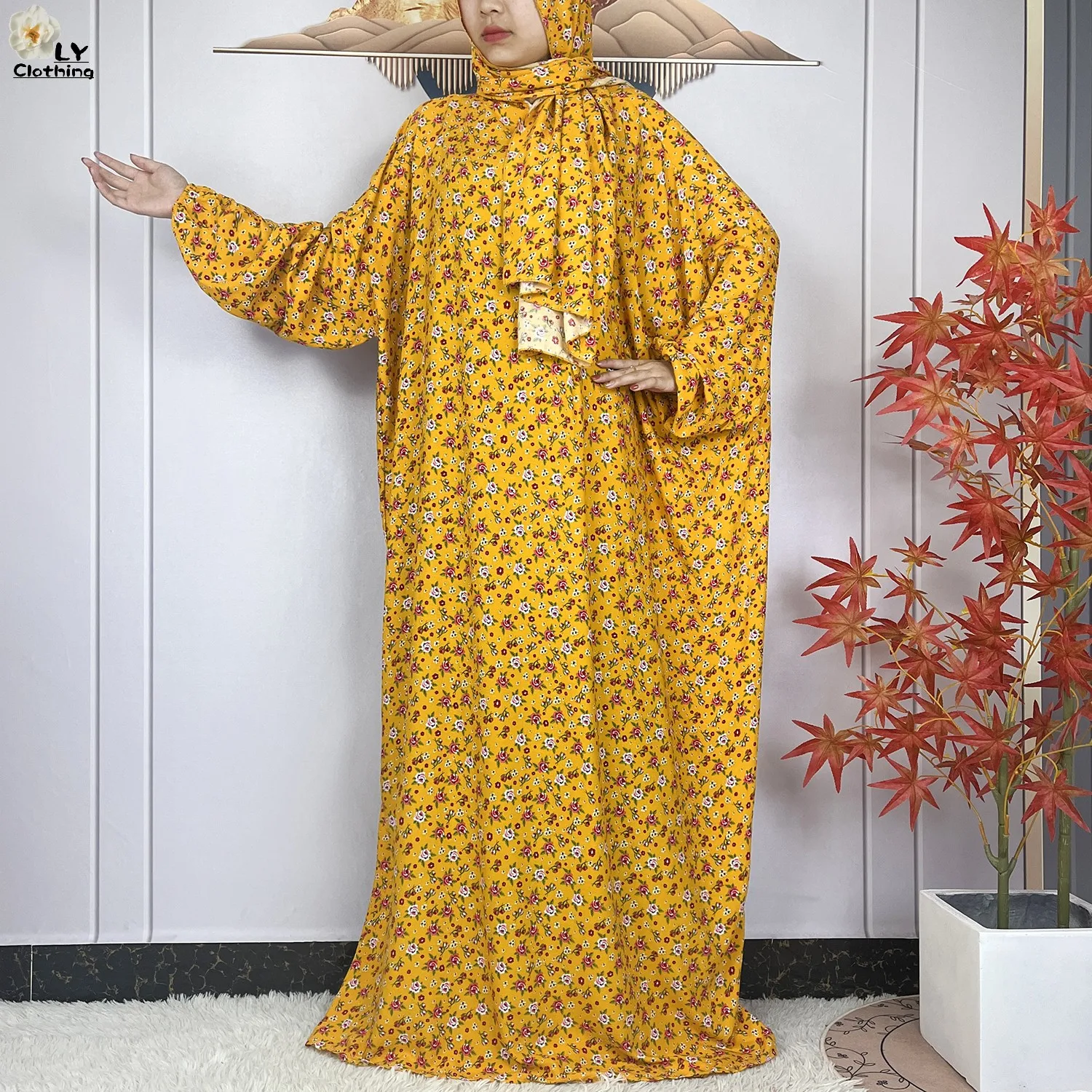 2024 Muslim For Women Ramadan Cotton Prayer Garment Dubai Turkey Floral Long Sleeved Loose Robe African Islam Traditional Abaya