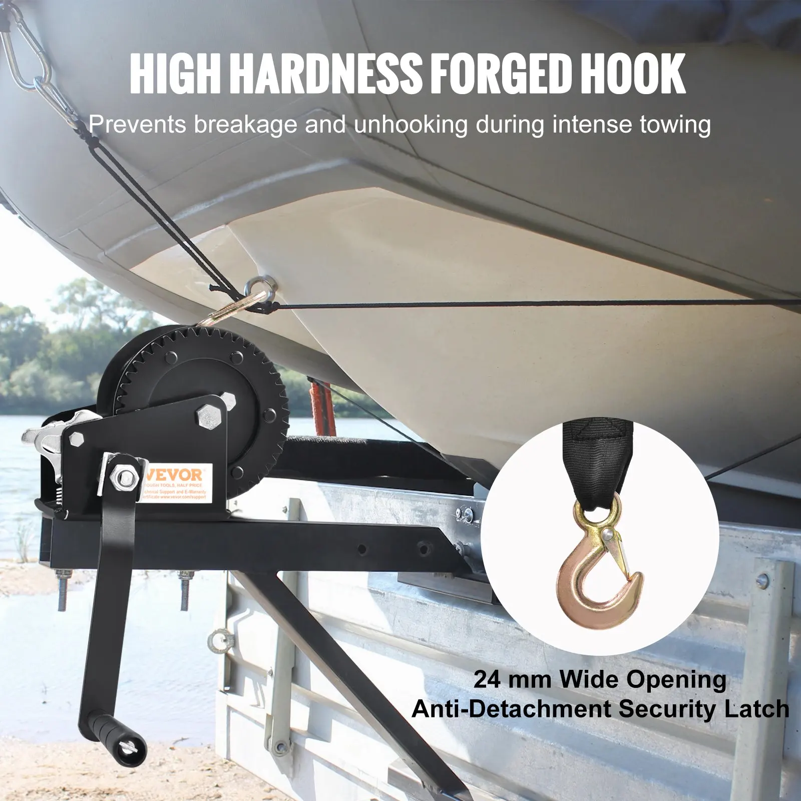 Hand Winch 2500 lbs Pulling Capacity Boat Trailer Winch Heavy Duty Rope Crank with10m Polyester Strap Hand Crank Winch