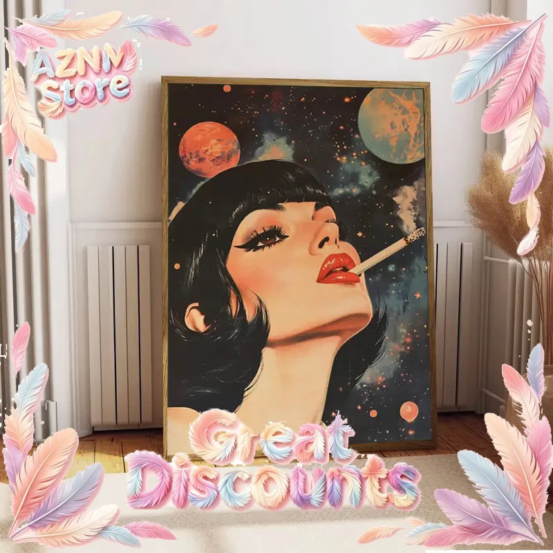 Retro Space Art Canvas Prints, Smoking Women Canvas Wall Art, Space Psychedelic Poster For Living Room Bathroom Home 2026