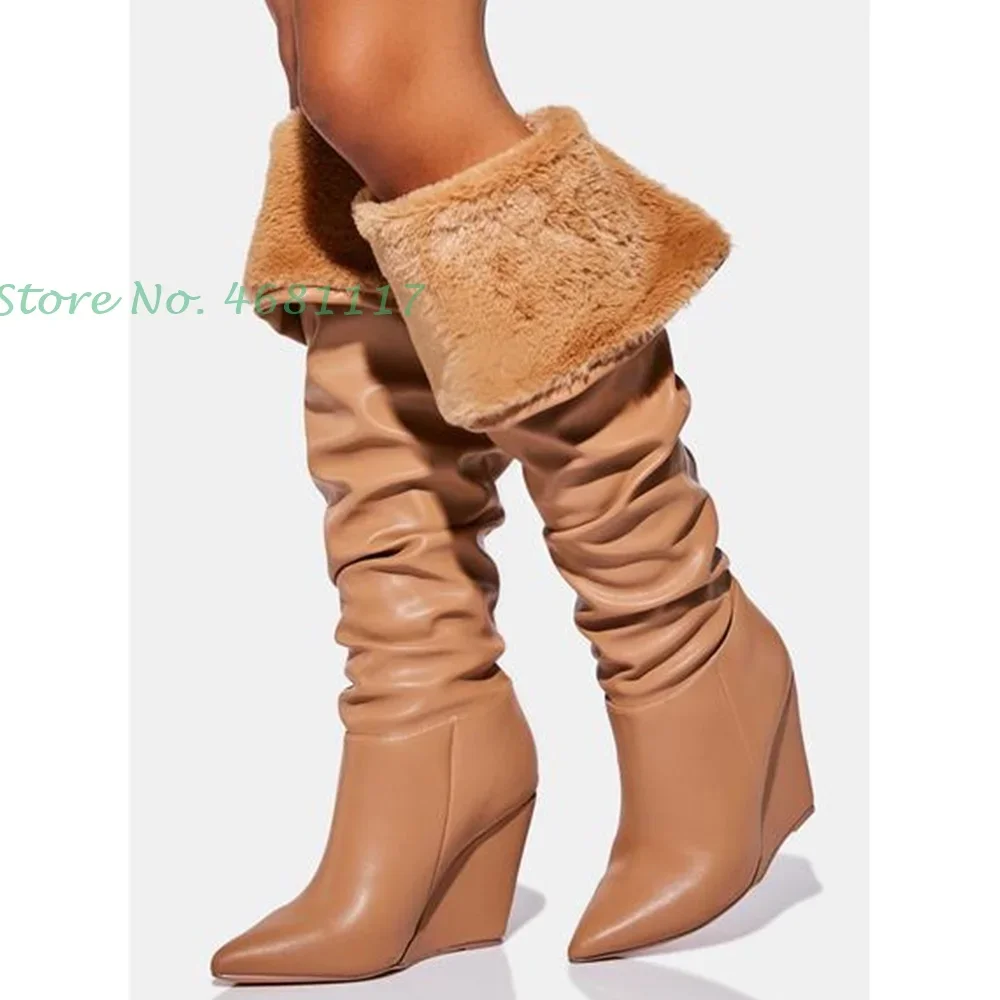 

Pleated Fur Knee High Wedges Boots Women Sewing Pointed Toe Leather Long High Heel Shoes Black Brown Turned Over Edges Boots