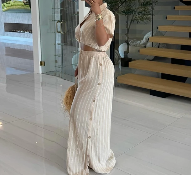 Plus Size Women's Pants Set Outfit 2024 Striped Turn-Down Collar Crop Top & High Waist Side Button Casual Wide Leg Pants Set