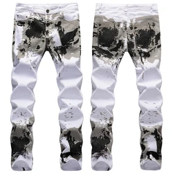 2023 New  Casual Mens Cotton Jeans Elastic Slim Skinny White Camouflage Printing Jeans Male Thin Denim Pants Vaqueros Hombre