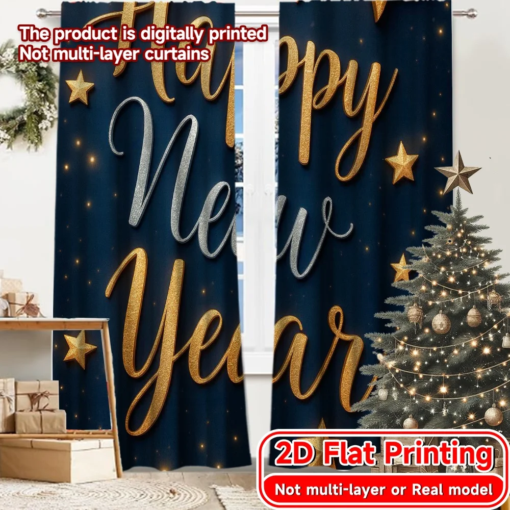 2D Flat Printing,2pcs New Year Stars Chic Curtain Cloth Machine Washable Fabric Curtains Festive for Grey, Semi-Transparent