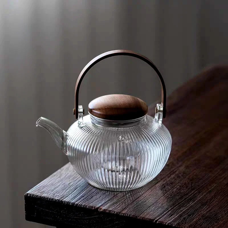 800ml Vertical stripes Wooden Beam Glass Teapot With Tea Infsuer  Boiling Puer Oolong Kung Fu Tea Set Health Flower Tea Maker