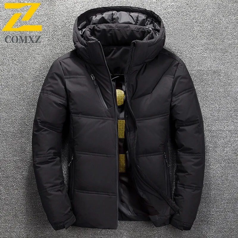 COMXZ Outdoor Skiing Mens Down Jacket Casual Hooded Thickened Warm Parka Solid Color Travel Comfortable Lightweight Winter Coats