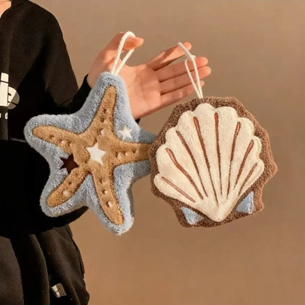 New Summer Ocean Themed Hand Towel, Shell Starfish Shaped Plush Hand Towel, Bathroom and Kitchen Hanging Towel