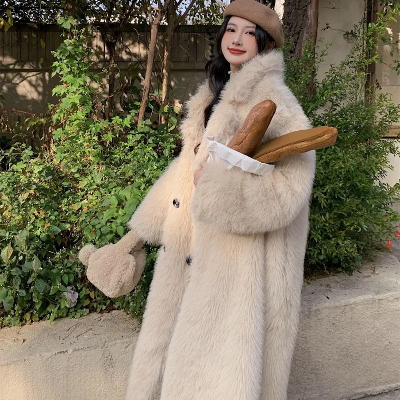 Winter Faux Fur Coat Long Women Warm Fluffy Jacket Red Luxury Brand Long Sleeve Korean Chic Outerwear Women\'s Clothing Coats