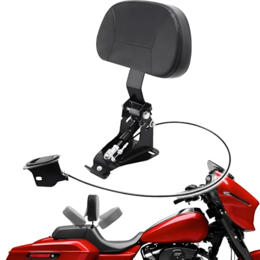 

Touring motorcycle seat accessory: adjustable foldable rider backrest pad in black durable vinyl, fits 2009-up Harley Davidson
