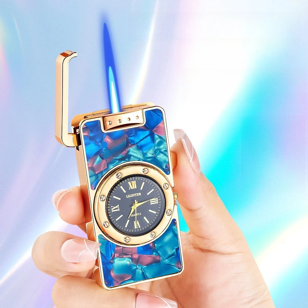 Fashion Color Shell Inlaid Watch Shape Lighter Windproof Jet Flame Refillable Lighter, Cool Unique Gift for Boyfriend Husband