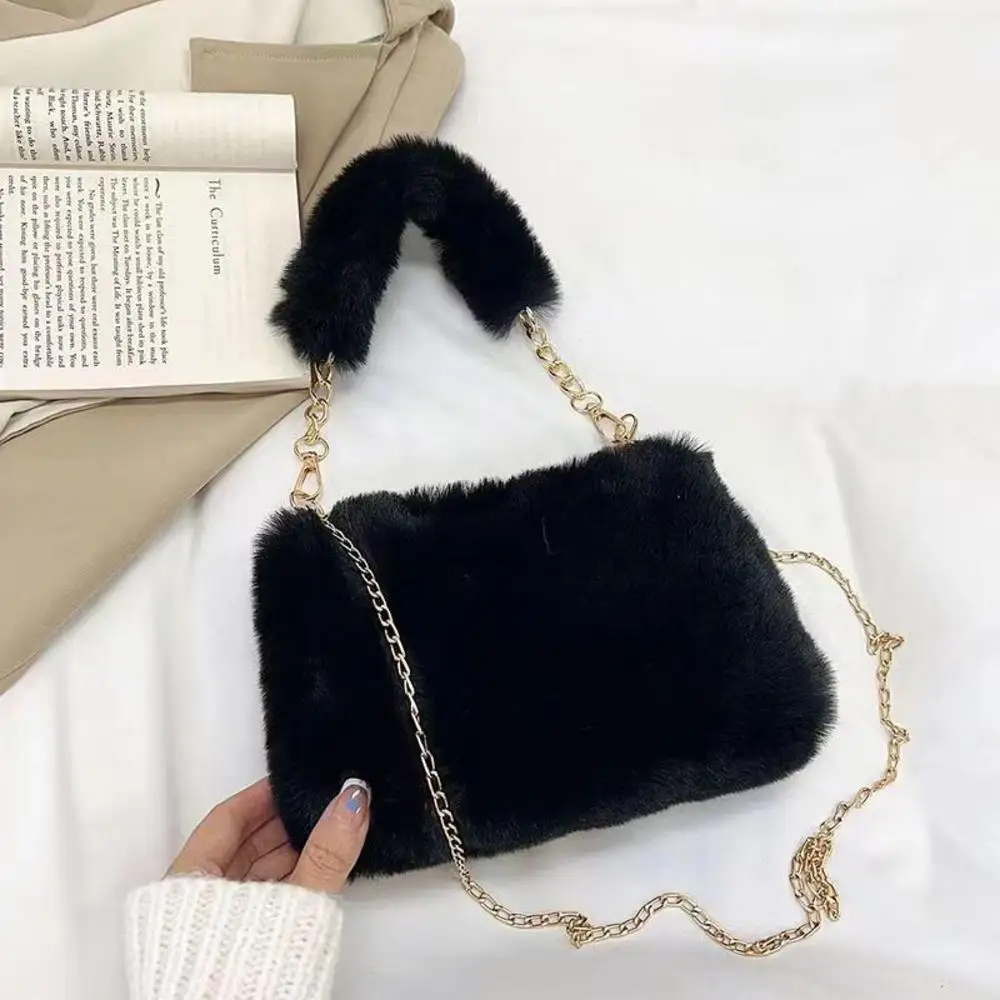 ISKYBOB Fashion Solid Color Plush Shoulder Bag for Women's Casual Cute Soft Winter Tote Crossbody Bag Female Faux Fur Handbags ﻿